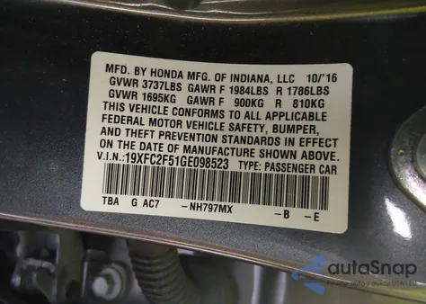 2016 Honda Civic Lx z USA, uszkodzony, nr VIN 19XFC2F51GE098523